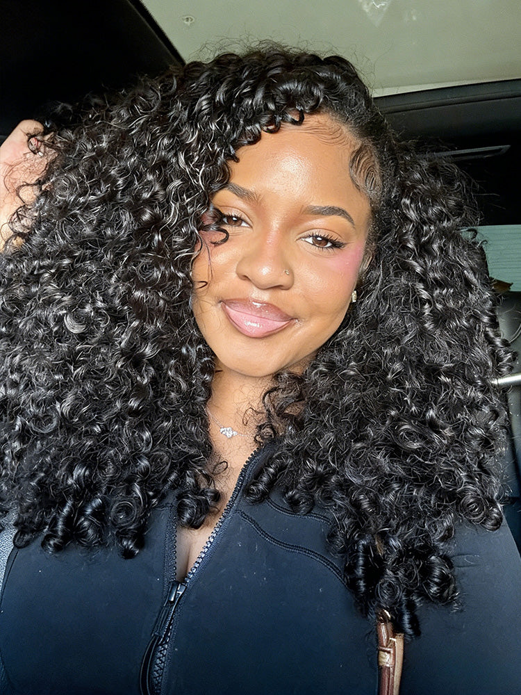 CurlyMe No Leave Out Burmese Curly Human Hair Wig Glueless Install V Part Wig With Elastic Drawstring Beginner Friendly