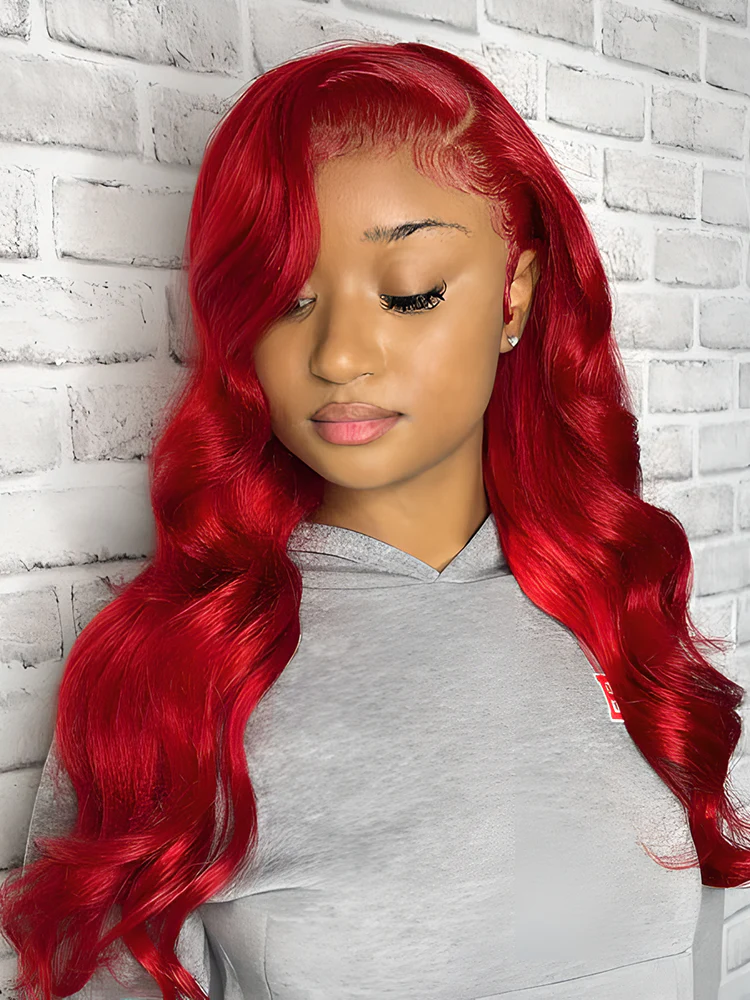 CurlyMe Red Colored Body Wave Hair Lace Front Wigs Pre Plucked Hairline - Image 2