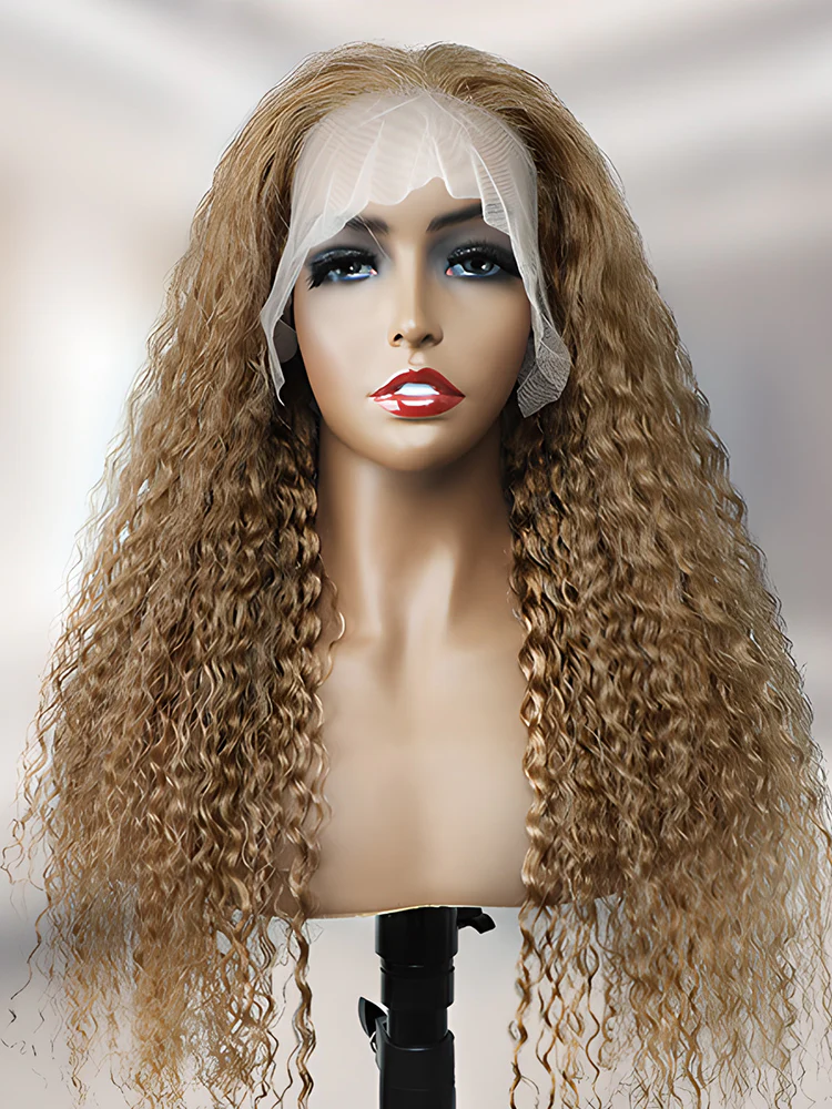 CurlyMe #27 Water Wave Hair 13x4 Lace Front Wigs Pre Plucked Honey Blonde Color Virgin Hair - Image 2