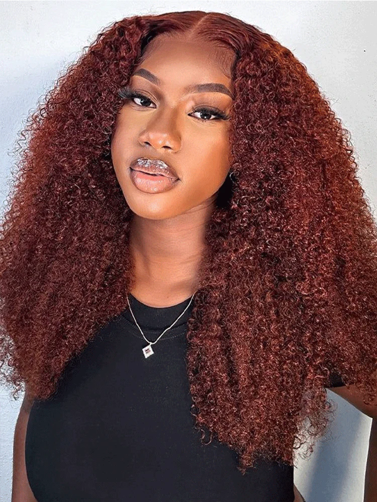 CurlyMe Reddish Brown Color Kinky Curly Lace Front Wigs Human Hair Pre Plucked