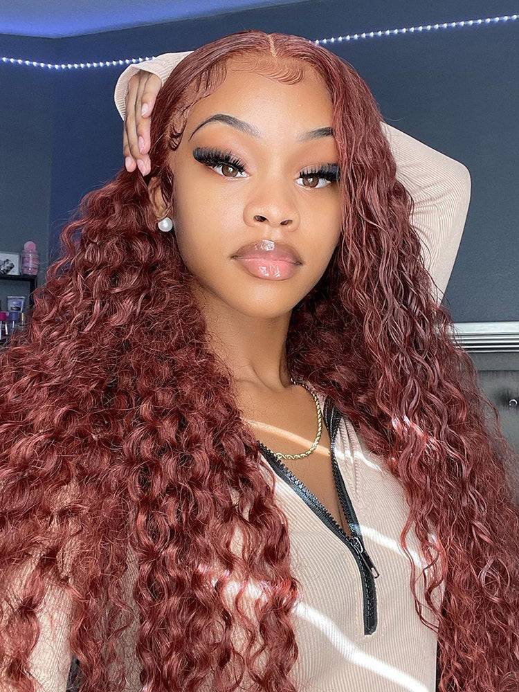 CurlyMe Reddish Brown Color Water Wave Auburn Hair 13x4 Lace Front Wigs Pre Plucked - Image 3