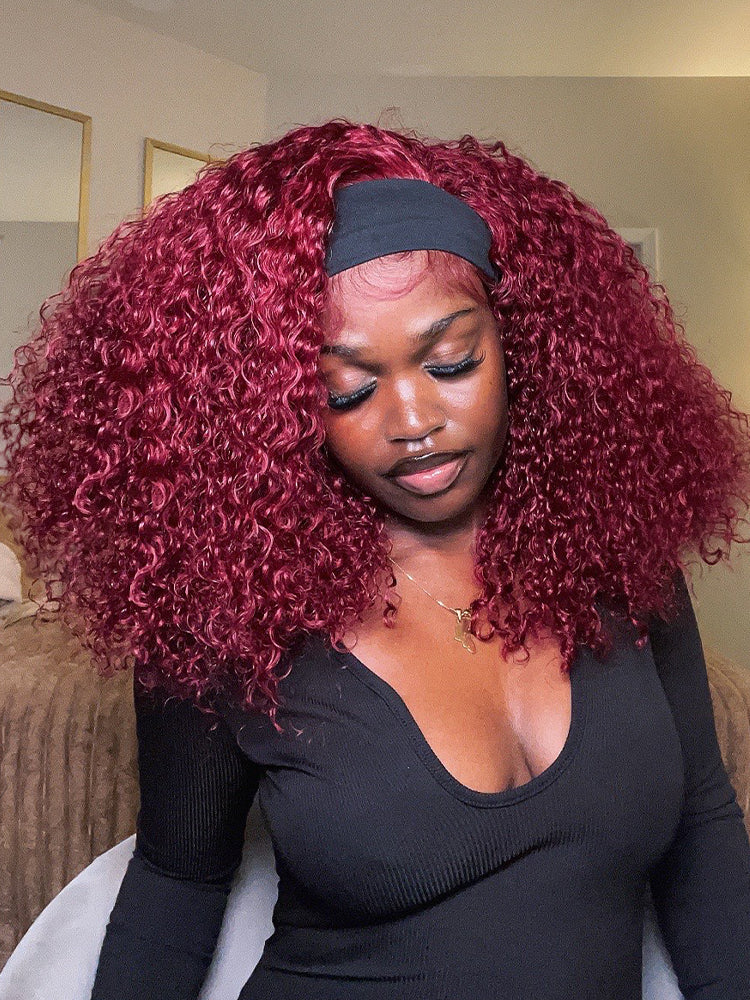 CurlyMe 99J Burgundy Color Burmese Curly Glueless Wig Pre Cut 9x6 Lace Snug Fit Wear Go Glueless Wig - Image 4