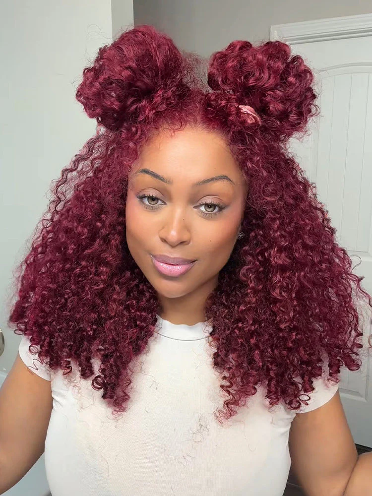 CurlyMe 99J Burgundy Color Burmese Curly Glueless Wig Pre Cut 9x6 Lace Snug Fit Wear Go Glueless Wig - Image 5