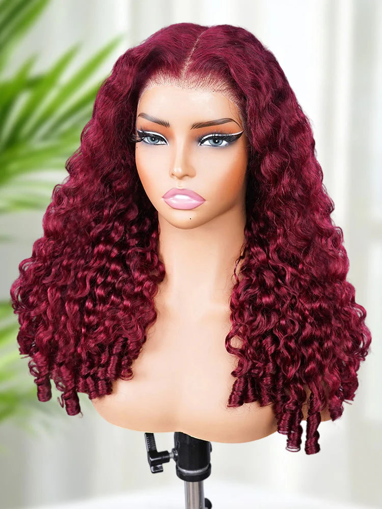 CurlyMe 99J Burgundy Color Burmese Curly Glueless Wig Pre Cut 9x6 Lace Snug Fit Wear Go Glueless Wig - Image 7