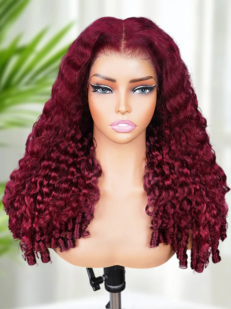 CurlyMe 99J Burgundy Color Burmese Curly Glueless Wig Pre Cut 9x6 Lace Snug Fit Wear Go Glueless Wig - Image 8