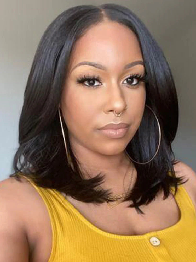 CurlyMe Pre-cut 9x6 Tpart Wear Go Layered Cut Bob Yaki Straight Wig Natural Black Deep Part Lace Glueless Wig - Image 3