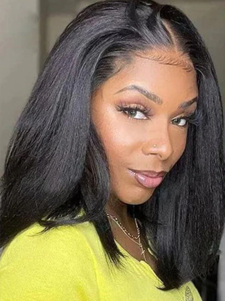 CurlyMe Pre-cut 9x6 Tpart Wear Go Layered Cut Bob Yaki Straight Wig Natural Black Deep Part Lace Glueless Wig - Image 4