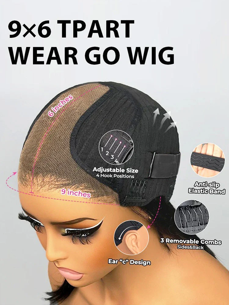 CurlyMe Pre-cut 9x6 Tpart Wear Go Layered Cut Bob Yaki Straight Wig Natural Black Deep Part Lace Glueless Wig - Image 5