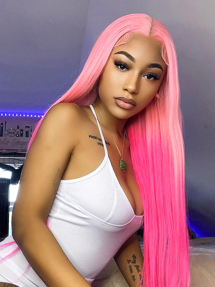 CurlyMe Highlights Honey Pink Color Straight Ombre Hair Transparent Lace Front Wigs Pre-plucked - Image 2