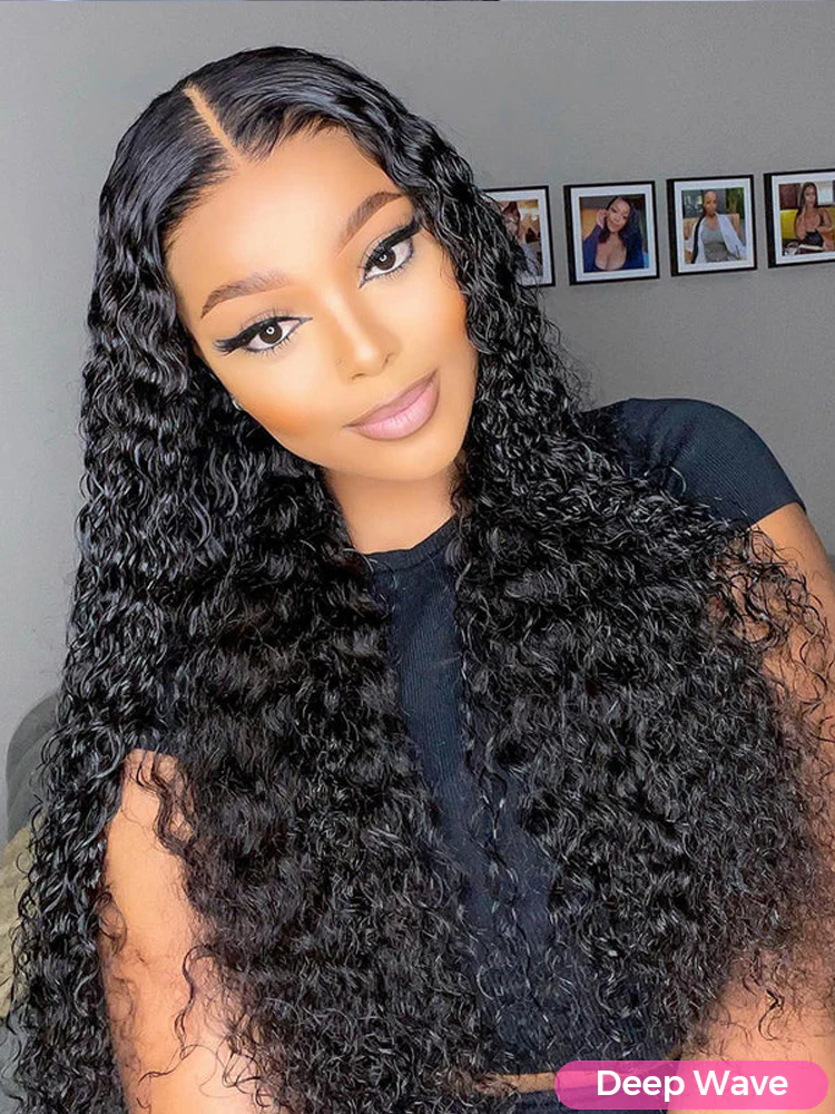 CurlyMe Natural Color Deep Wave Real Hair 5x5 Swiss Lace Closure Wigs Pre Plucked - Image 4