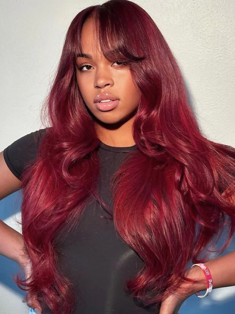 CurlyMe 99J Burgundy Color Layered Cut Face Framing Body Wave Pre-Cut Lace Wear Go Wig