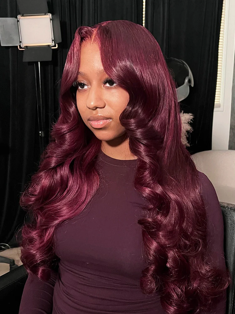 CurlyMe 99J Burgundy Color Layered Cut Face Framing Body Wave Pre-Cut Lace Wear Go Wig - Image 2