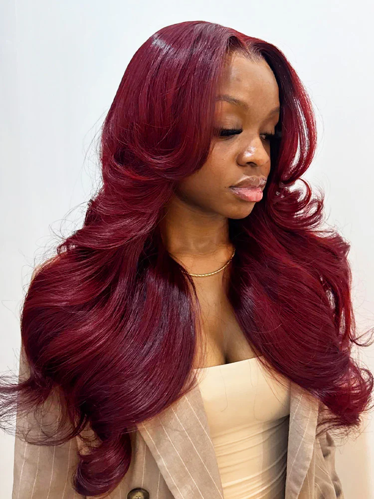 CurlyMe 99J Burgundy Color Layered Cut Face Framing Body Wave Pre-Cut Lace Wear Go Wig - Image 3