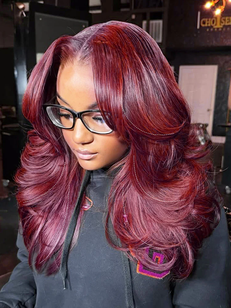 CurlyMe 99J Burgundy Color Layered Cut Face Framing Body Wave Pre-Cut Lace Wear Go Wig - Image 5