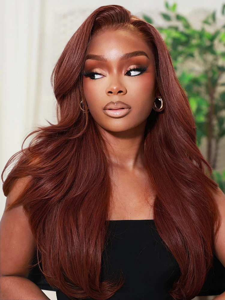 CurlyMe Reddish Brown Color Layered Cut Face Framing Body Wave Pre-Cut Lace Wear Go Wig