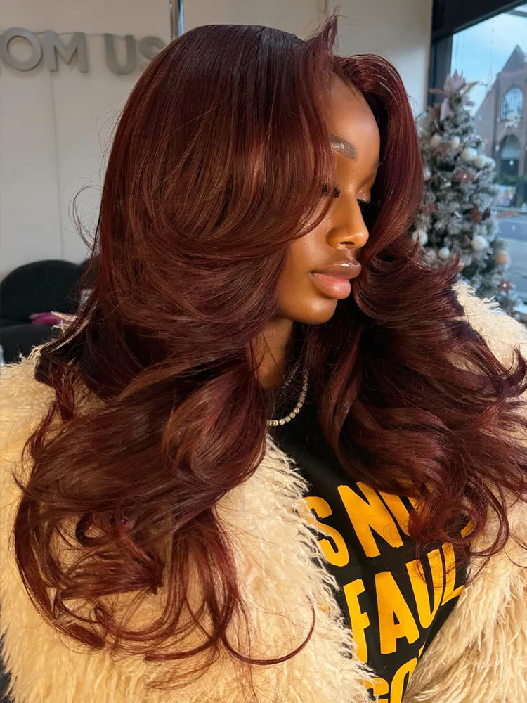 CurlyMe Reddish Brown Color Layered Cut Face Framing Body Wave Pre-Cut Lace Wear Go Wig - Image 2