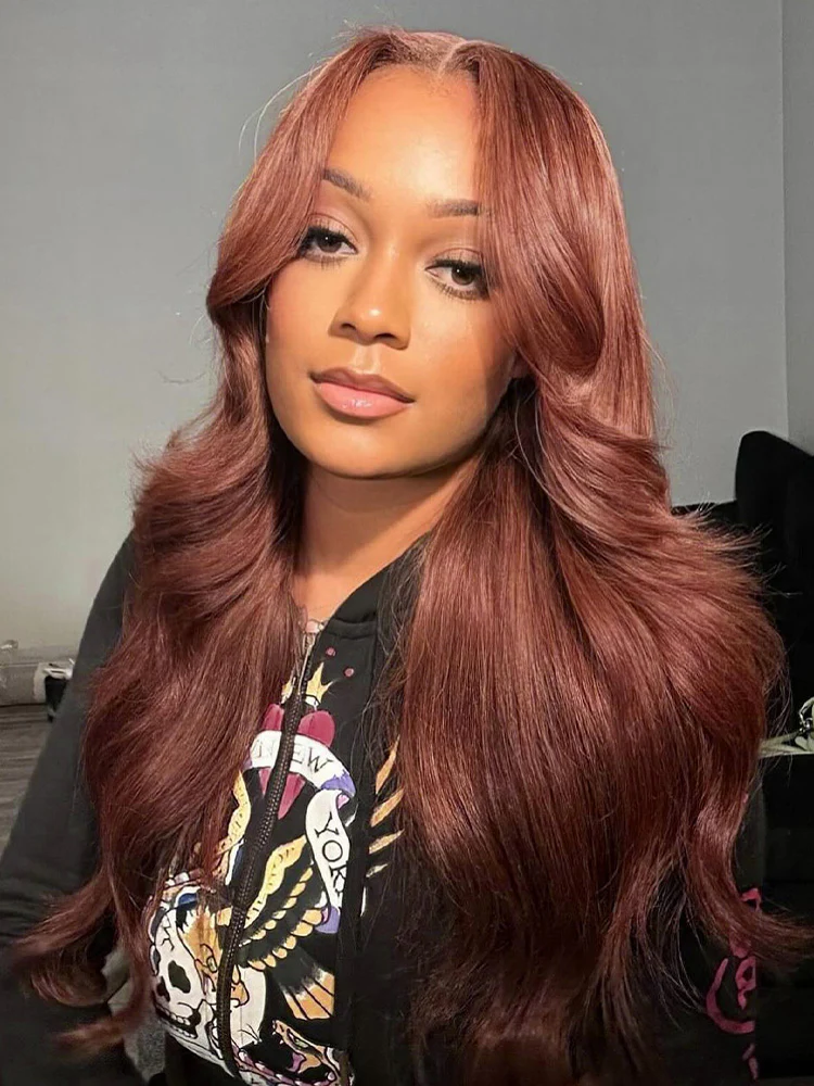 CurlyMe Reddish Brown Color Layered Cut Face Framing Body Wave Pre-Cut Lace Wear Go Wig - Image 3