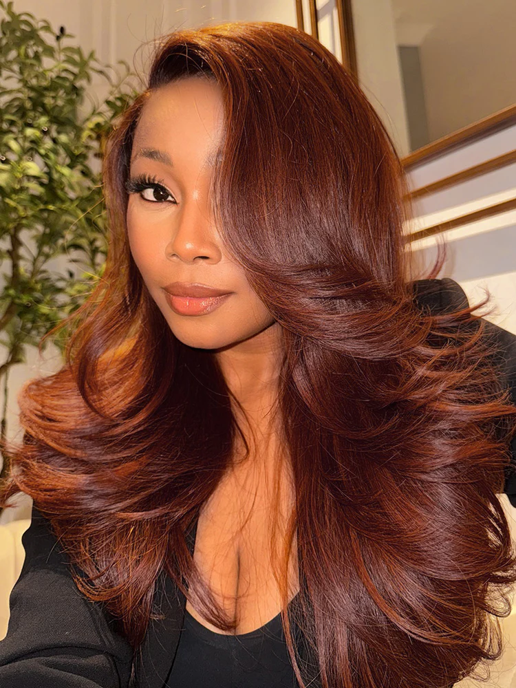 CurlyMe Reddish Brown Color Layered Cut Face Framing Body Wave Pre-Cut Lace Wear Go Wig - Image 4