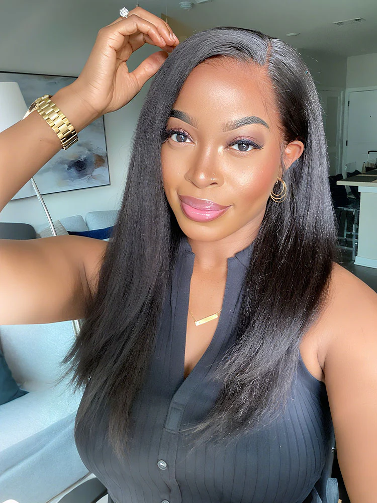 CurlyMe V Part Glueless No Leave Out Kinky Straight Human Hair Wig Pre-plucked Beginner Friendly