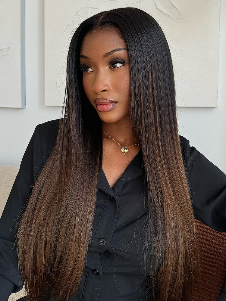 CurlyMe Layered Cut Black to Chestnut Brown Ombre Straight Hair 7x5 Pre-Cut Swiss Lace Wear Go Glueless Wigs - Image 4