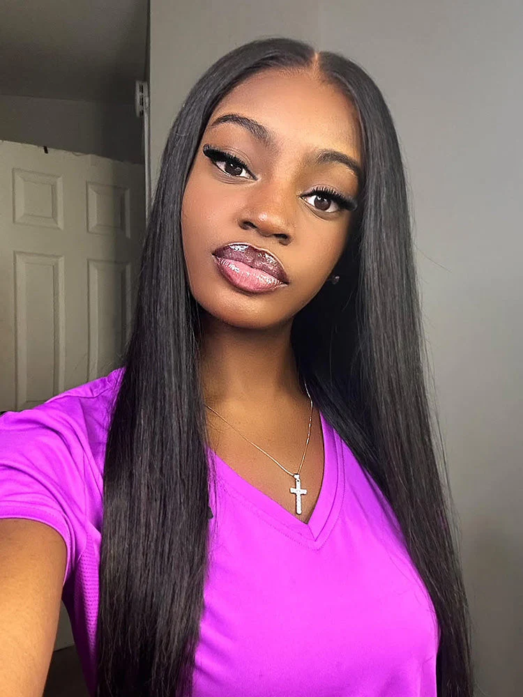 CurlyMe Pre-bleached Most Like Real Hair Glueless Straight Human Hair HD Lace Wig Pre-plucked - Image 5