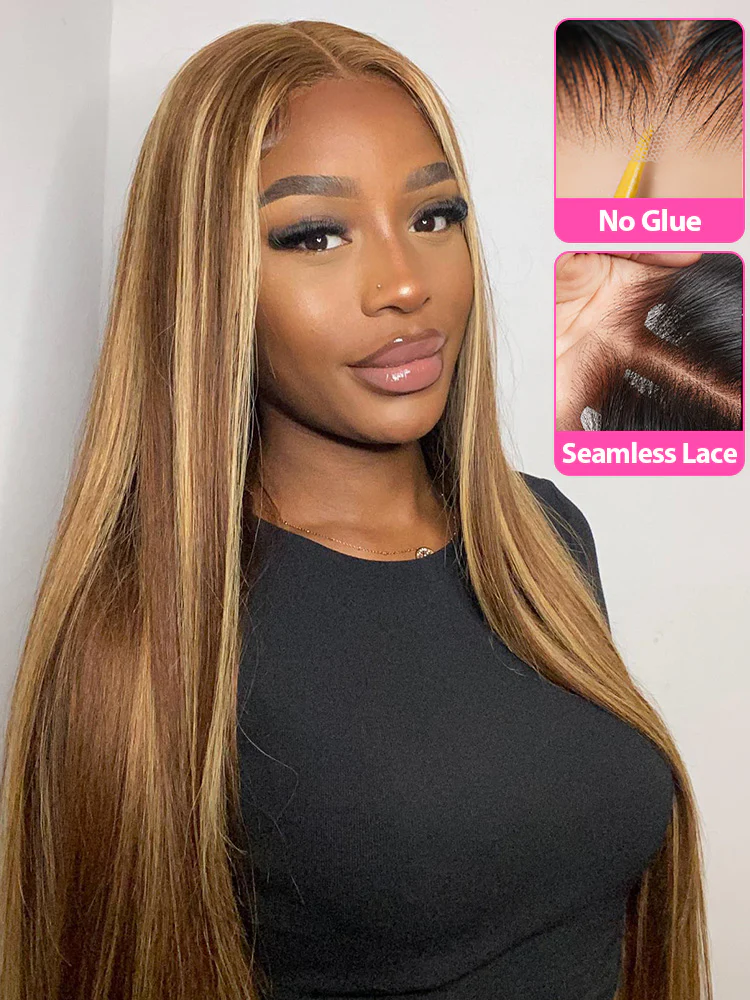 CurlyMe Highlights Ombre HD Lace Wear Go Straight Glueless Wigs Pre Cut Lace Wig