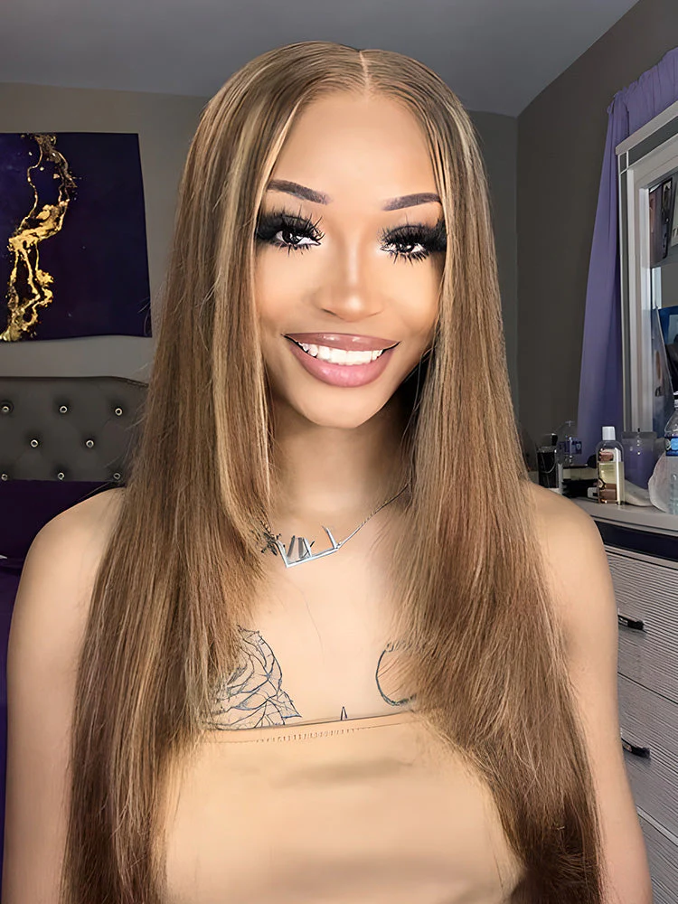 CurlyMe Highlights Ombre HD Lace Wear Go Straight Glueless Wigs Pre Cut Lace Wig - Image 3