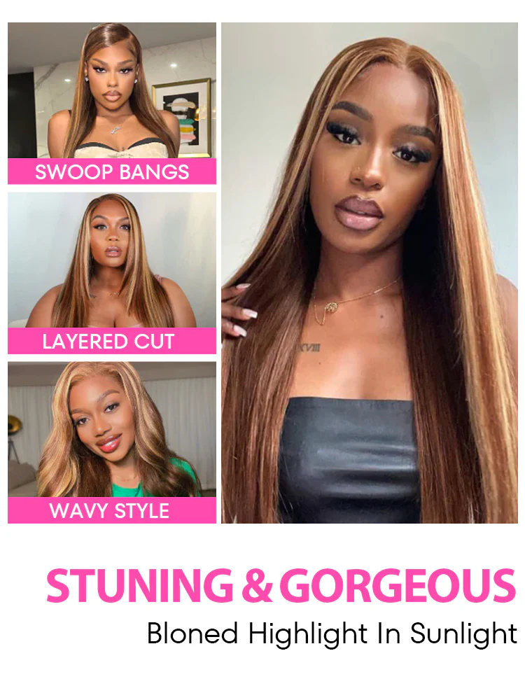 CurlyMe Highlights Ombre HD Lace Wear Go Straight Glueless Wigs Pre Cut Lace Wig - Image 7