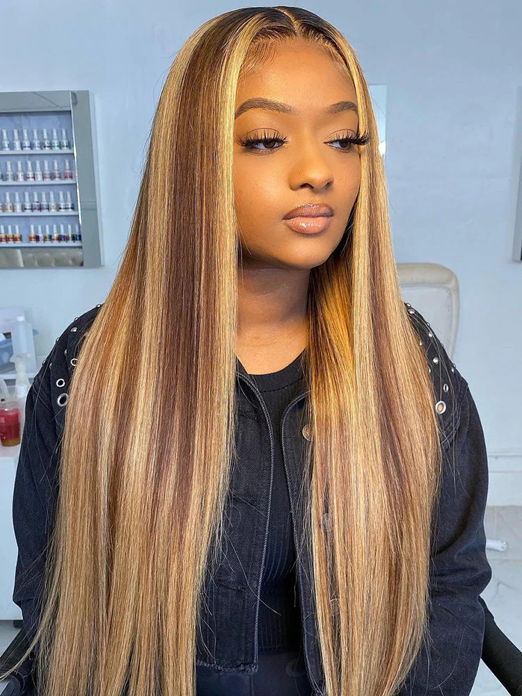 CurlyMe Highlights Ombre HD Lace Wear Go Straight Glueless Wigs Pre Cut Lace Wig - Image 8