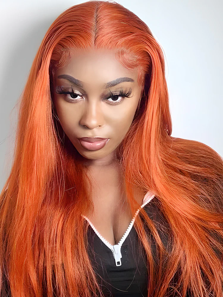 CurlyMe Bright Orange Straight Hair 13x4 Lace Front Wigs Remy Hair - Image 3