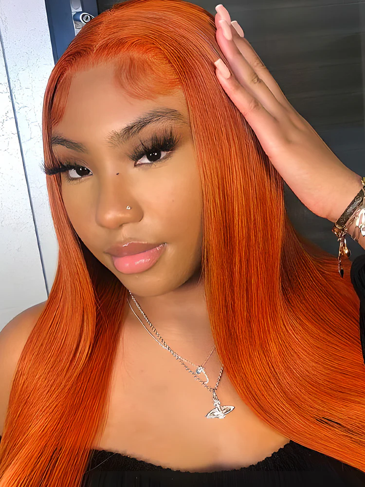 CurlyMe Bright Orange Straight Hair 13x4 Lace Front Wigs Remy Hair - Image 4