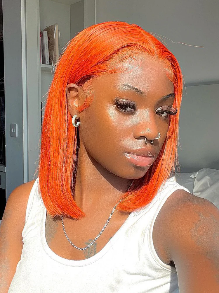 CurlyMe Ginger Orange Color Bob Wigs Straight Hair Lace Front Wigs - Image 3