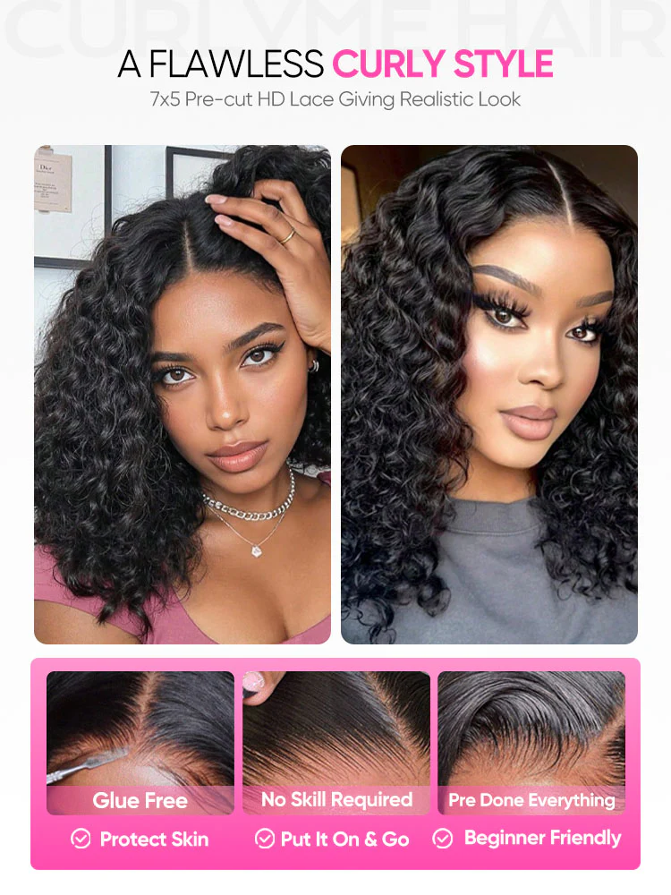 CurlyMe Kinky Curly Glueless Bob Wig Pre Cut 7x5 HD Lace Wear Go Wig - Image 6