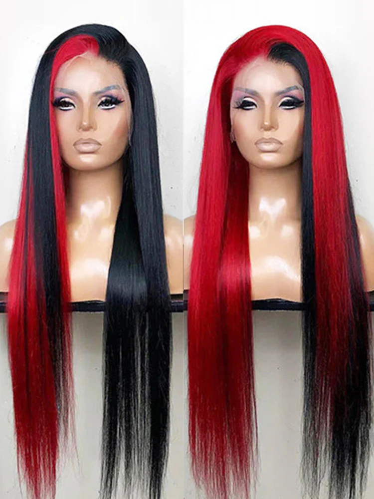 CurlyMe Highlight Split Dyed Hair Half Red Half Black Color Straight Lace Front Wigs - Image 2