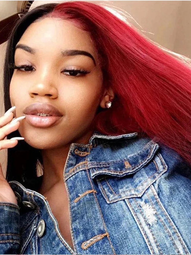 CurlyMe Highlight Split Dyed Hair Half Red Half Black Color Straight Lace Front Wigs - Image 3