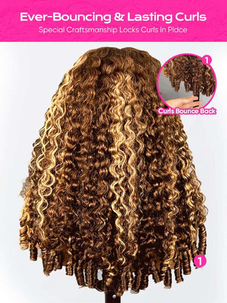 CurlyMe Highlights Ombre Burmese Curly Glueless Wig Pre Cut 9x6 Lace Snug Fit Wear Go Glueless Wig - Image 4