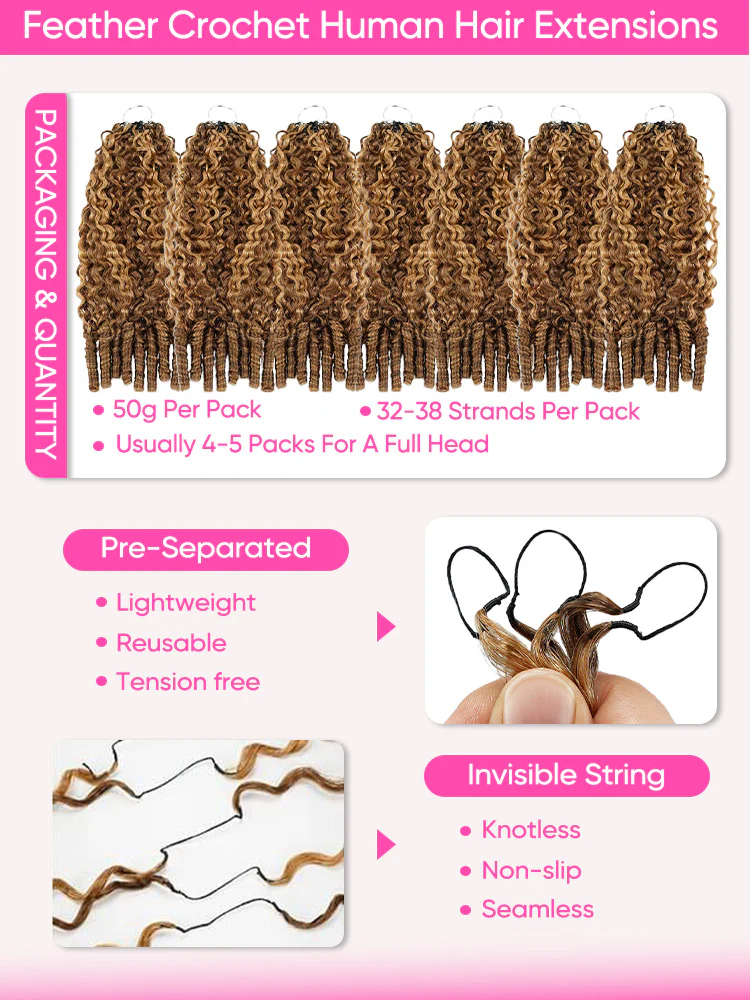 CurlyMe Highlights Ombre Burmese Curly Miracle Knots Feather Crochet Human Hair Reusable & Invisible Pre-Separated Knotless 100% Virgin Human Hair - Image 6