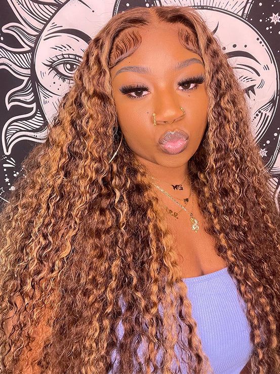 CurlyMe Highlights Ombre Hair Water Wave Human Hair Wigs Transparent Lace Wigs Pre Plucked - Image 5
