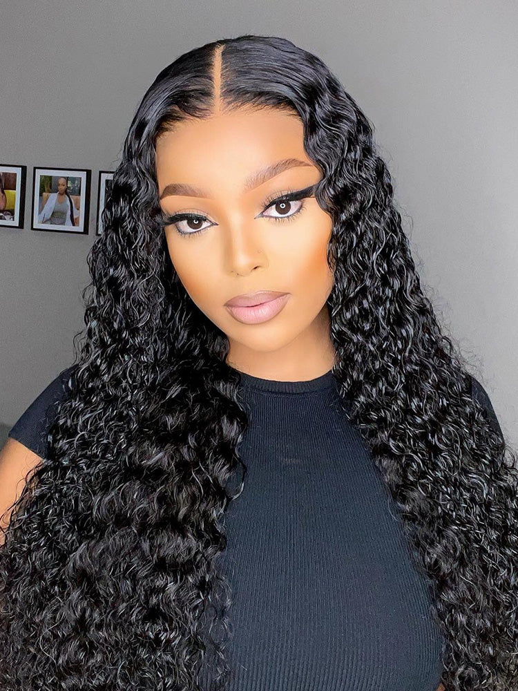 CurlyMe Deep Wave Human Hair Glueless Wig Wear Go Pre Cut Lace Closure Wig