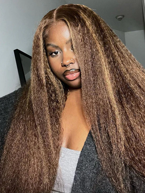 CurlyMe 4/27 Highlight Kinky Straight Wear Go Glueless Wig Pre-plucked with Natural Hairline - Image 4