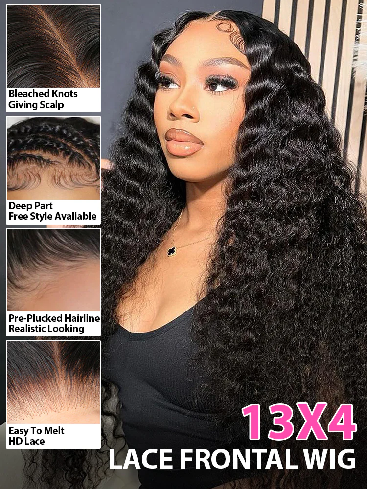 CurlyMe Hot Curly Pre-bleached Deep Wave 13x4 HD Lace/Transparent Lace Frontal Wigs - Image 4