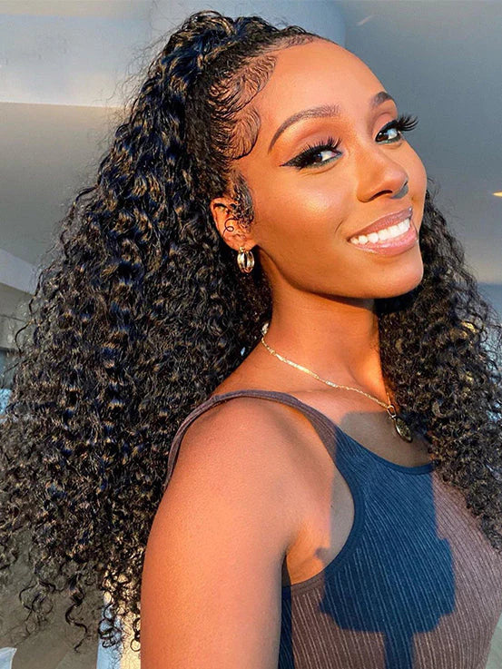 CurlyMe Real Human Hair Drawstring Ponytail Straight & Wavy Natural Black Wrap Around Magic Velcro Ponytail Extension Clip In