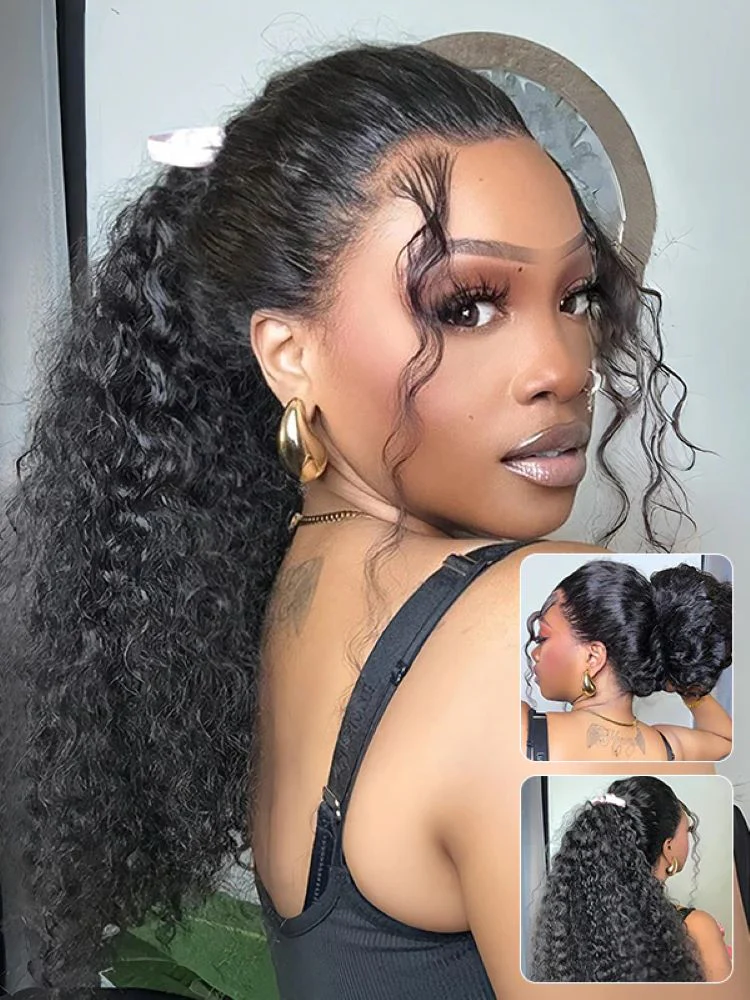 CurlyMe Real Human Hair Drawstring Ponytail Straight & Wavy Natural Black Wrap Around Magic Velcro Ponytail Extension Clip In - Image 13