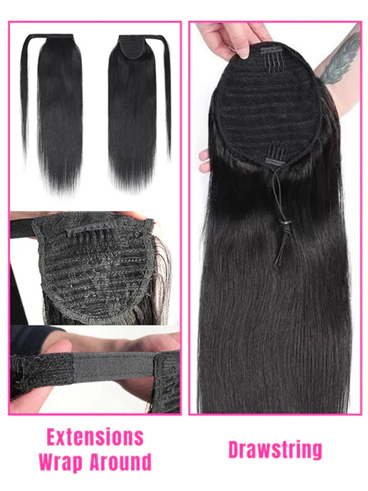 CurlyMe Real Human Hair Drawstring Ponytail Straight & Wavy Natural Black Wrap Around Magic Velcro Ponytail Extension Clip In - Image 14