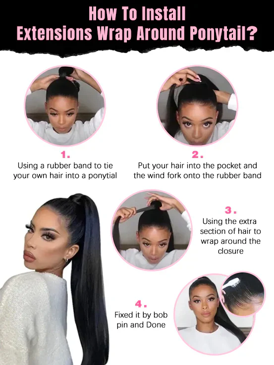 CurlyMe Real Human Hair Drawstring Ponytail Straight & Wavy Natural Black Wrap Around Magic Velcro Ponytail Extension Clip In - Image 16