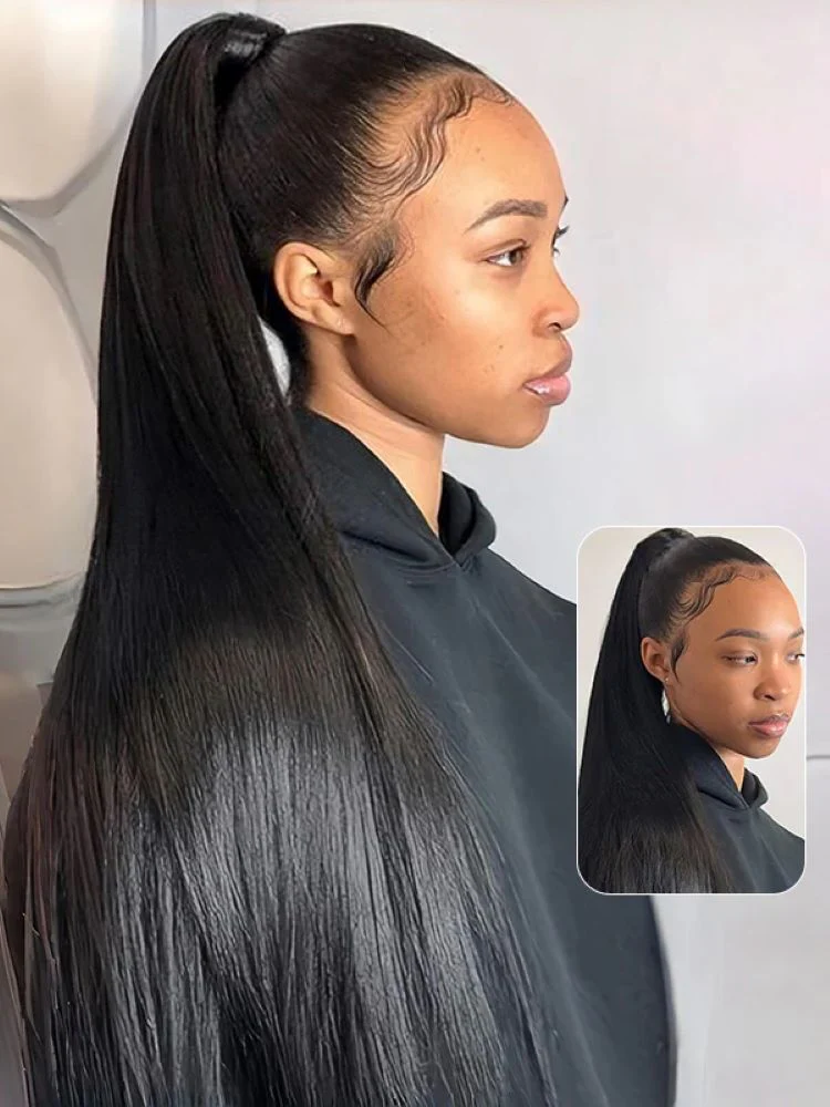 CurlyMe Real Human Hair Drawstring Ponytail Straight & Wavy Natural Black Wrap Around Magic Velcro Ponytail Extension Clip In - Image 4