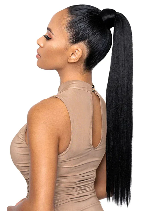 CurlyMe Real Human Hair Drawstring Ponytail Straight & Wavy Natural Black Wrap Around Magic Velcro Ponytail Extension Clip In - Image 5