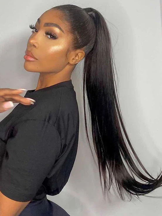CurlyMe Real Human Hair Drawstring Ponytail Straight & Wavy Natural Black Wrap Around Magic Velcro Ponytail Extension Clip In - Image 6