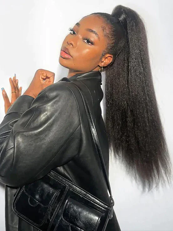 CurlyMe Real Human Hair Drawstring Ponytail Straight & Wavy Natural Black Wrap Around Magic Velcro Ponytail Extension Clip In - Image 7