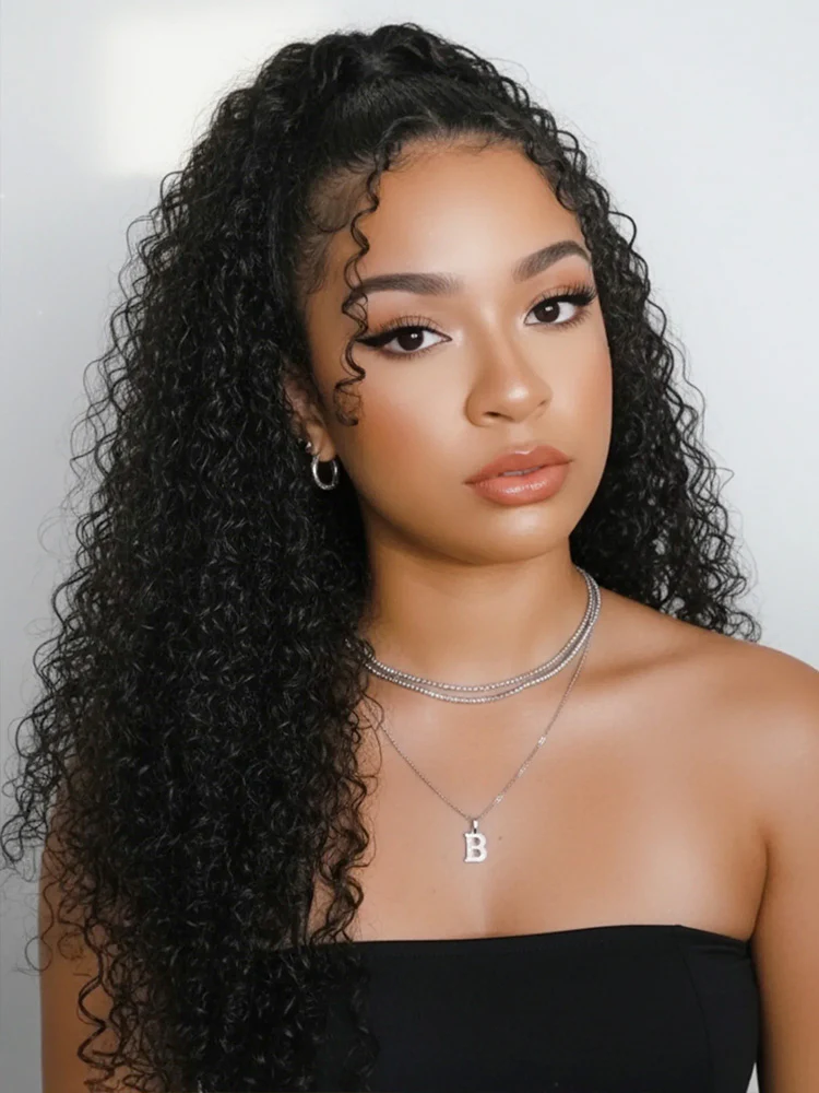 CurlyMe Real Human Hair Drawstring Ponytail Straight & Wavy Natural Black Wrap Around Magic Velcro Ponytail Extension Clip In - Image 9